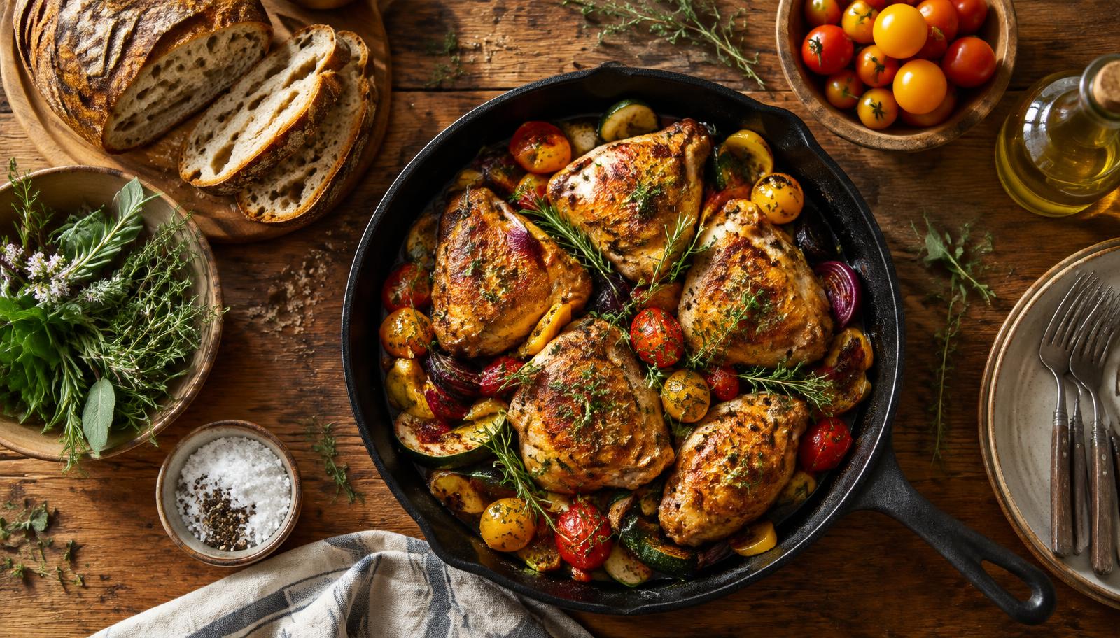 Cast iron skillet of herb-roasted chicken with vegetables, fresh bread and herbs